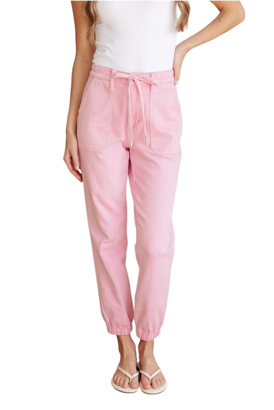 NWT Judy Blue Jogger Pants Womens 3/26 Pink Denim Hi-Rise Garment Dyed Tie Waist